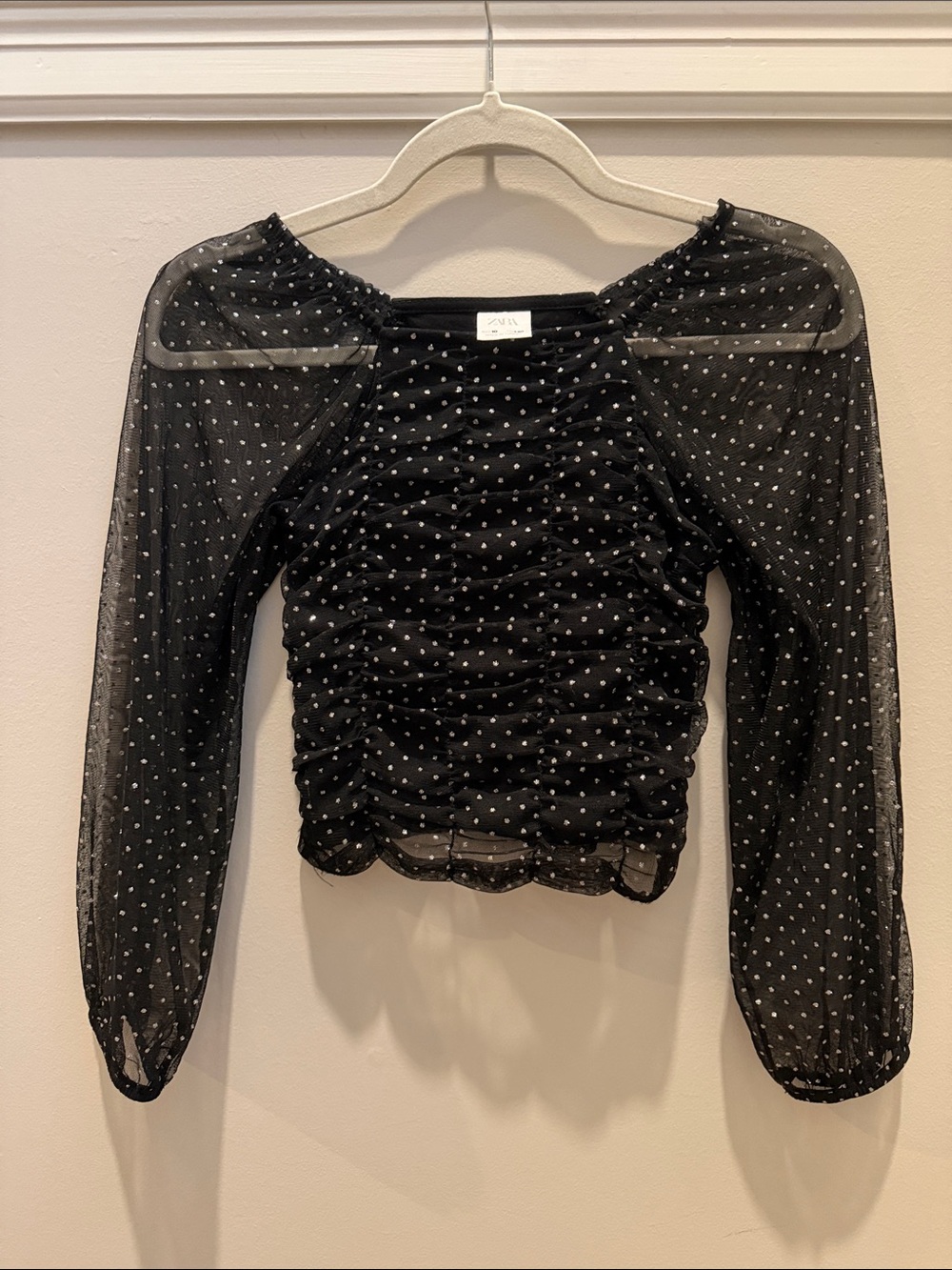 Zara Black and Silver Polka-Dot Ruched Mesh  Balloon Sleeve Top Sz 10
